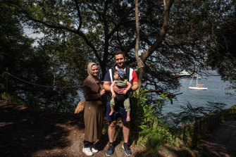 Manal Hamed, Hany Kassem and their son Omar Kassem on a walk through Nielsen Park and to Milk Beach on Wednesday. 