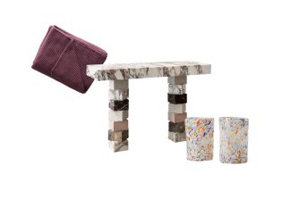 “Cantwell” throw; “The Phoenix” hall table, $6400; “Confetti” Murano tumblers.