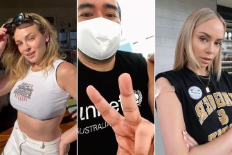 From left to right: Abbie Chatfield, Adam Liaw and Tully Smyth share vaccine selfies.