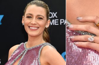 Blake Lively and her oval-cut, pale pink engagement ring from Ryan Reynolds.