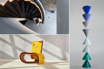 Clockwise from top left: A Koos De Keijzer-designed sculptural concrete stairwell; Danielle Brustman’s “Meteorite” light, built with Edward Linacre; Helen Kontouris’s “Transmogrify” chair. 