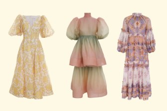 Zimmermann’s Postcard Puff Sleeve Dress, Postcard Puff Sleeve Midi, and Rosa Frill Midi Dress.