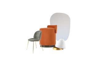 “Beetle” chair; “Greta” ottoman; “Curve 04” mirror; “Gömma” storage box.