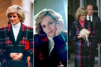 In the film ‘Spencer’ Princess Diana’s style is refined by Chanel. Diana in Portsmouth in 1989; Kristen Stewart as Diana in ‘Spencer’ set in 1991; Diana on a visit to Ilford in 1983. 