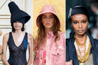 Hats on. Inspiration from the spring 2022 runway: Koche; Etro; Tom Ford.