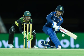 Smriti Mandhana of India bats during game three of the International Women’s T20 series between Australia and India.