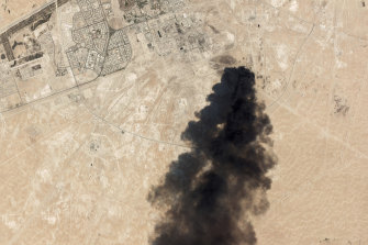 Thick black smoke rising from Saudi Aramco's Abqaiq oil processing facility in Buqyaq, Saudi Arabia.