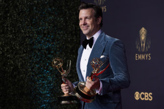Jason Sudeikis poses for a photo with the award for outstanding lead actor in a comedy series for Ted Lasso.