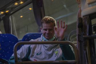 Steve Smith waves after landing in Colombo this week.