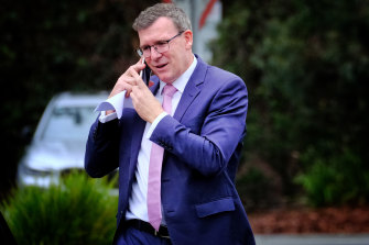 Stood-aside minister Alan Tudge  arriving at a citizenship ceremony in Knox on Saturday. 