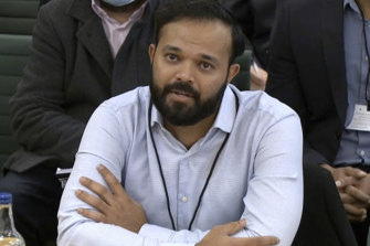 Former cricketer Azeem Rafiq gives evidence during a British parliamentary hearing.