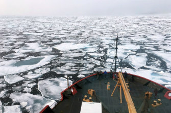 Breaking up: The US Coast Guard Icebreaker Healy on a research cruise in the Chukchi Sea of the Arctic Ocean. 