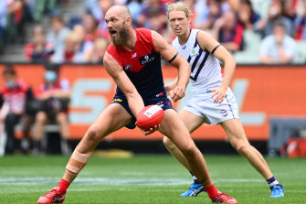 Max Gawn in action during Melbourneâs 2021 season-opener against Fremantle.