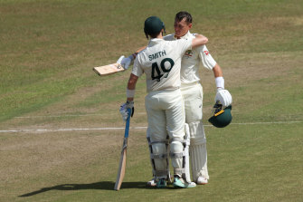 Marnus Labuschagne is congratulated by Steve Smith.