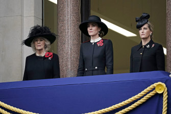 Camilla, Duchess of Cornwall, left, Kate, Duchess of Cambridge and Sophie, Countess of Wessex, right, stand on the balcony during the service.