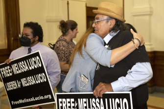 Denisce Palacios and Leno Rose-Avila, who are supporters of Melissa Lucio, celebrate outside the Governor’s office at the Capitol, in Austin, Texas after the Texas Court of Criminal Appeals halted the execution.