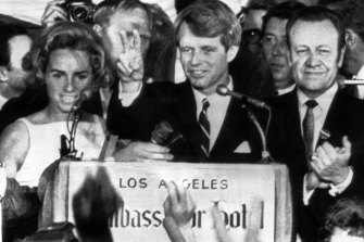 A victorious Robert Kennedy only moments before his assassination at the Ambassador Hotel in Los Angeles.