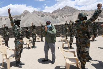 Indian Prime Minister Narendra Modi visiting a military base in remote Ladakh, near the Chinese border. 