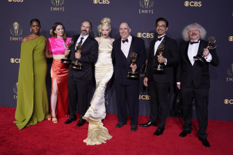 Moses Ingram, from left, Marielle Heller, Scott Frank, Anya Taylor-Joy, William Horberg, Mick Aniceto and Marcus Loges, winners of the award for outstanding directing for a limited or anthology series or movie for The Queen’s Gambit.
