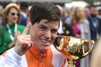 Vow And Declare's jockey Craig Williams declares victory at the 2019 Melbourne Cup.