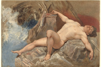 William Mulready, Recumbent nude male figure on rocks, mid 19th century.