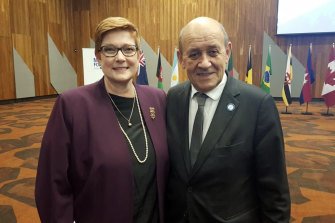 Foreign Affairs Marise Payne and French Foreign Minister Jean-Yves Le Drian at a meeting in 2019.