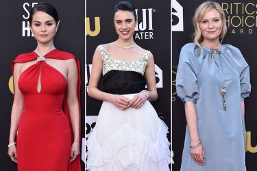 Red, white and blue. Selena Gomez in Louis Vuitton, Margaret Qualley in Chanel and Kirsten Dunst in Julie de Libran at the Critics Choice Awards.
