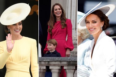 Jubilee fashion: Kate, Duchess of Cambridge in an Emilia Wickstead dress and Philip Treacy hat at the Service of Thanksgiving; Wearing Stella McCartney with Prince Louis on the balcony of Buckingham Palace for the Jubilee Pageant; In a Philip Treacy hat and Alexander McQueen coat dress for Trooping the Colour.