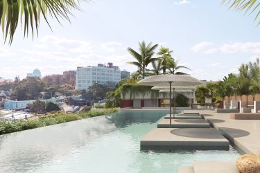 Artist impression of the rooftop pool of the TFE Collection hotel in the TOGA project at Surry Hills, Sydney 