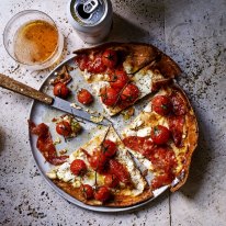 Fast four-ingredient pizza with sopressa and tomato. Sage Creative summer recipes for Good Food online and Home Front. November 2021. Good Food use only.