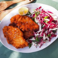 OLYMPUS DIGITAL CAMERA
**EMBARGOED FOR GOOD FOOD, MAY 2022**
VanessaÂ GordonÂ recipe: Chicken schnitzels with radicchio and fennel slaw.
Pic credit:Â VanessaÂ Gordon