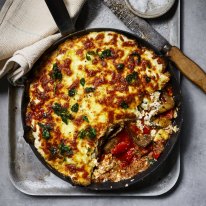 Fast one tray eggplant and spicy salami lasagne. Sage Creative autumn/winter recipes for Good Food online and Home Front. February 2022. Good Food use only. Please credit James Moffatt