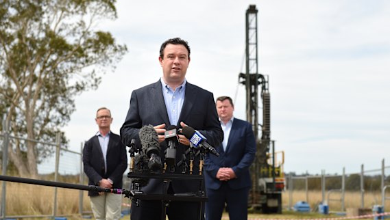 NSW Minister Stuart Ayres announces the site of a new airport metro station near Bringelly in 2020. 