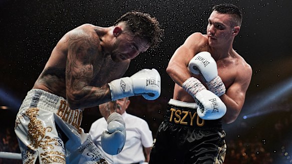 Tim Tszyu, right, lands a right on Jack Brubaker.