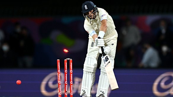 Joe Root is bowled by Scott Boland during the fifth Test in Hobart earlier this year. 