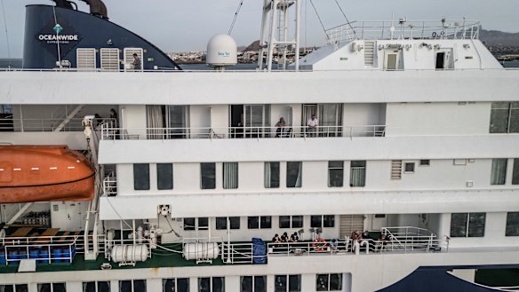 Cruise ship MV Hondius off the port of Praia, the capital of Cape Verde, on Wednesday.
