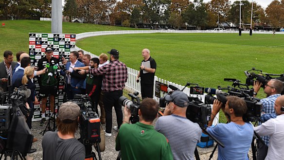Master class: Wayne Bennett holds court ahead of his Rabbitohs' big win over Anthony Seibold's Broncos last week.