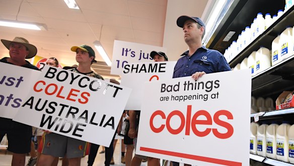 Queensland dairy farmers protesting inside a Coles supermarket last week. 
