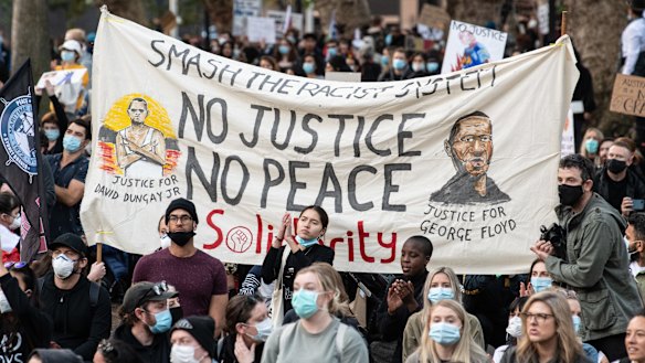 A Black Lives Matter rally in Sydney, where protesters held a banner for both George Floyd in the US and David Dungay jnr in Australia. 