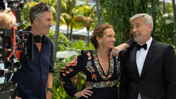 Director Ol Parker with Julia Roberts and George Clooney on the set of Ticket to Paradise in Queensland.
