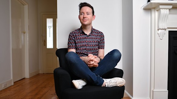 Nath Valvo in the Melbourne home he shares with his partner, Cody.