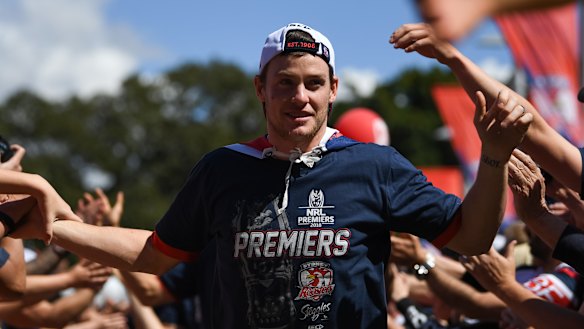 Champion: Luke Keary enjoys the Roosters' fan reception after his starring role in their grand final win.