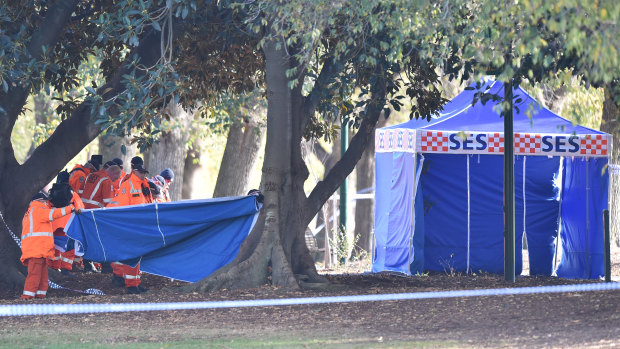 SES officers perform a line search in Fawkner Park, where a man was shot and killed on Friday night.