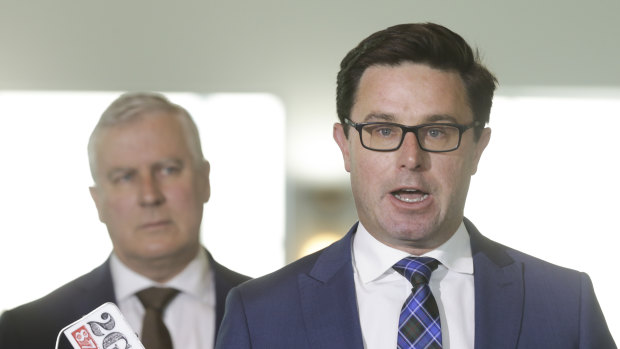 Deputy Nationals leader and Agriculture Minister David Littleproud (right), with Deputy Prime Minister Michael McCormack, says "banks are not, and should not try to become, society's moral compass and arbiter".