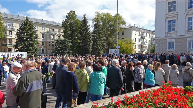 People gather for the funerals of five Russian nuclear engineers killed by a rocket explosion in Sarov, the closed city, located 370 kilometres east of Moscow.