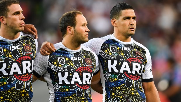Taking a stand: Cody Walker, right,  opted not to sing the anthem before the NRL Allstars match.