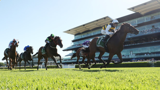 Lady Laguna kicks clear of Think About It and Espiona in the Canterbury Stakes.