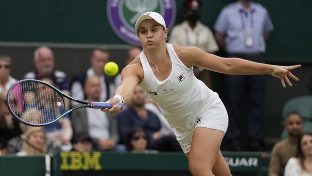 Australia’s Ashleigh Barty on her way to victory over Ajla Tomljanovic and a place in the Wimbledon semi-finals.