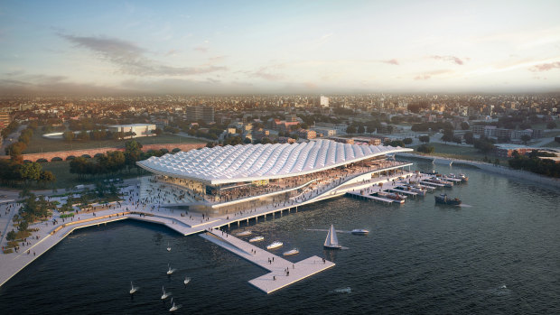 An artist's impression of the new Sydney Fish Market building at the head of Blackwattle Bay.