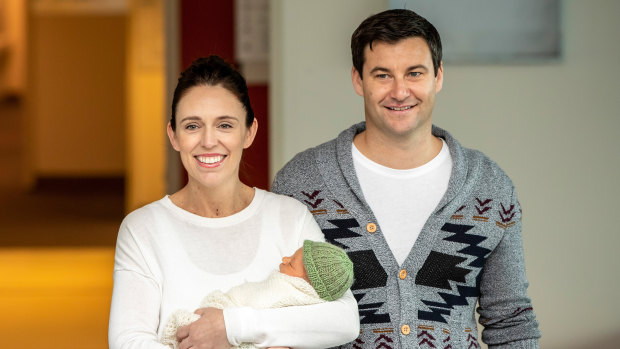 Jacinda Ardern and her partner Clarke leaving Auckland Hospital after the birth of their daughter, Neve.